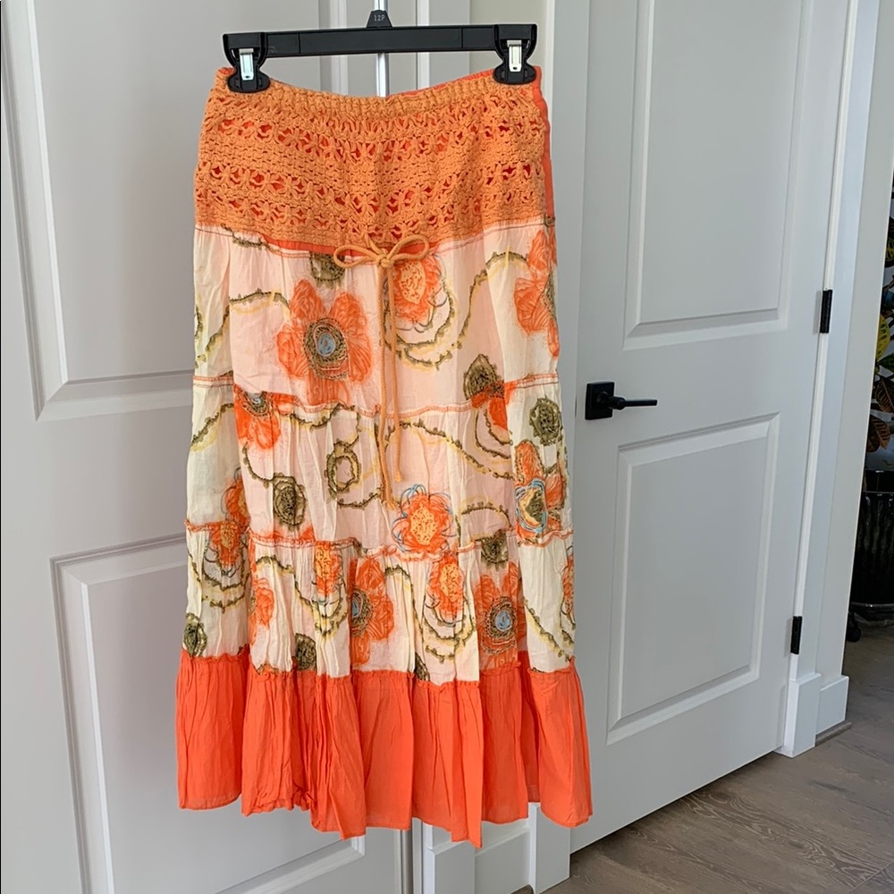 Cotton Orange Floral Maxi Skirt / Strapless Mini Dress